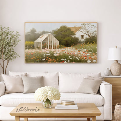 Greenhouse Flower Meadow Frame TV Art displayed on a TV