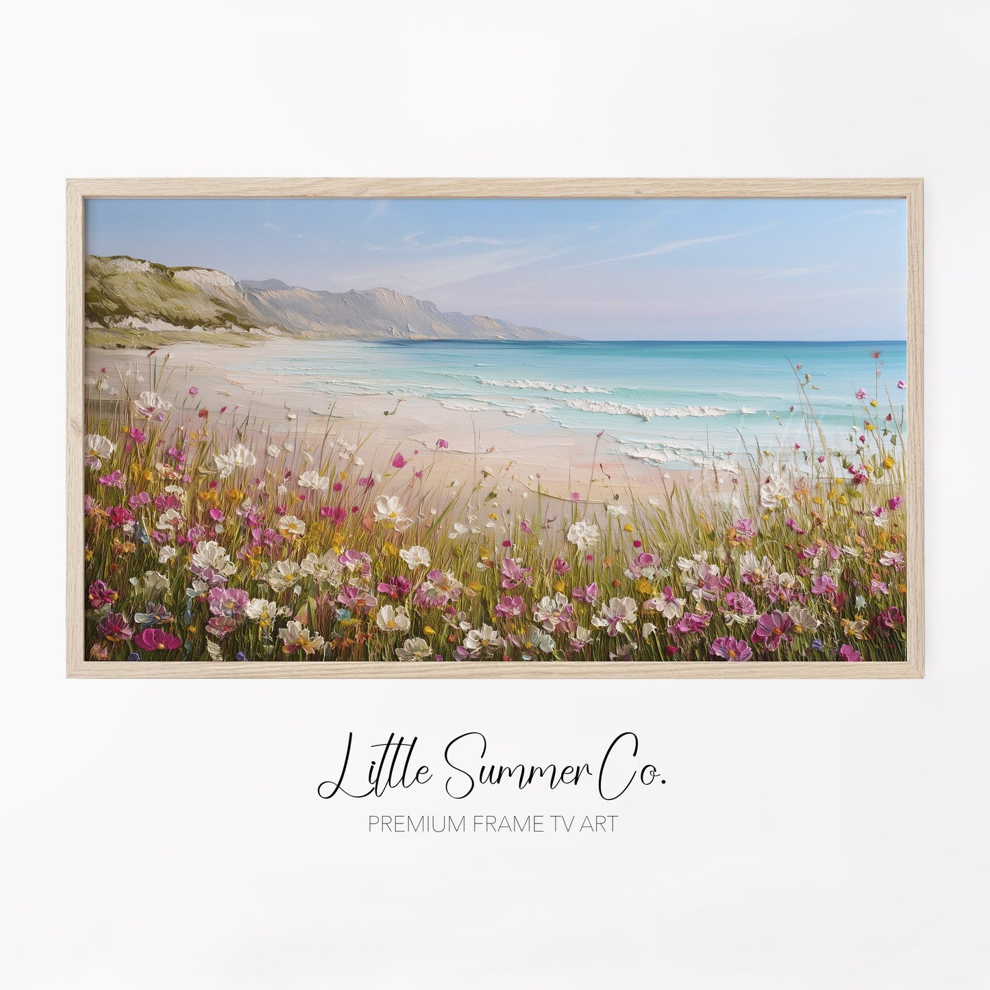 Coastal Wildflower Cliffs Frame TV Art displayed on a TV