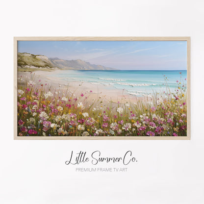 Coastal Wildflower Cliffs Frame TV Art displayed on a TV