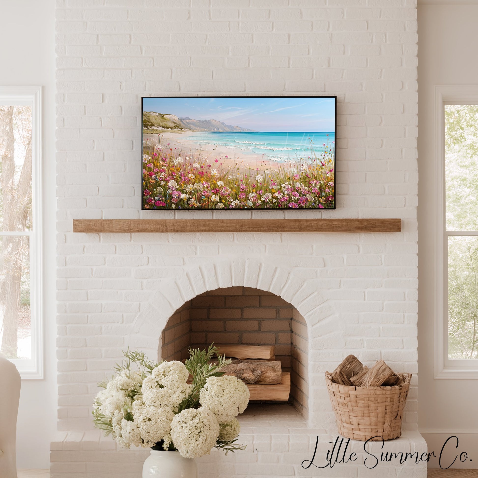 Coastal Wildflower Cliffs Frame TV Art displayed on a TV