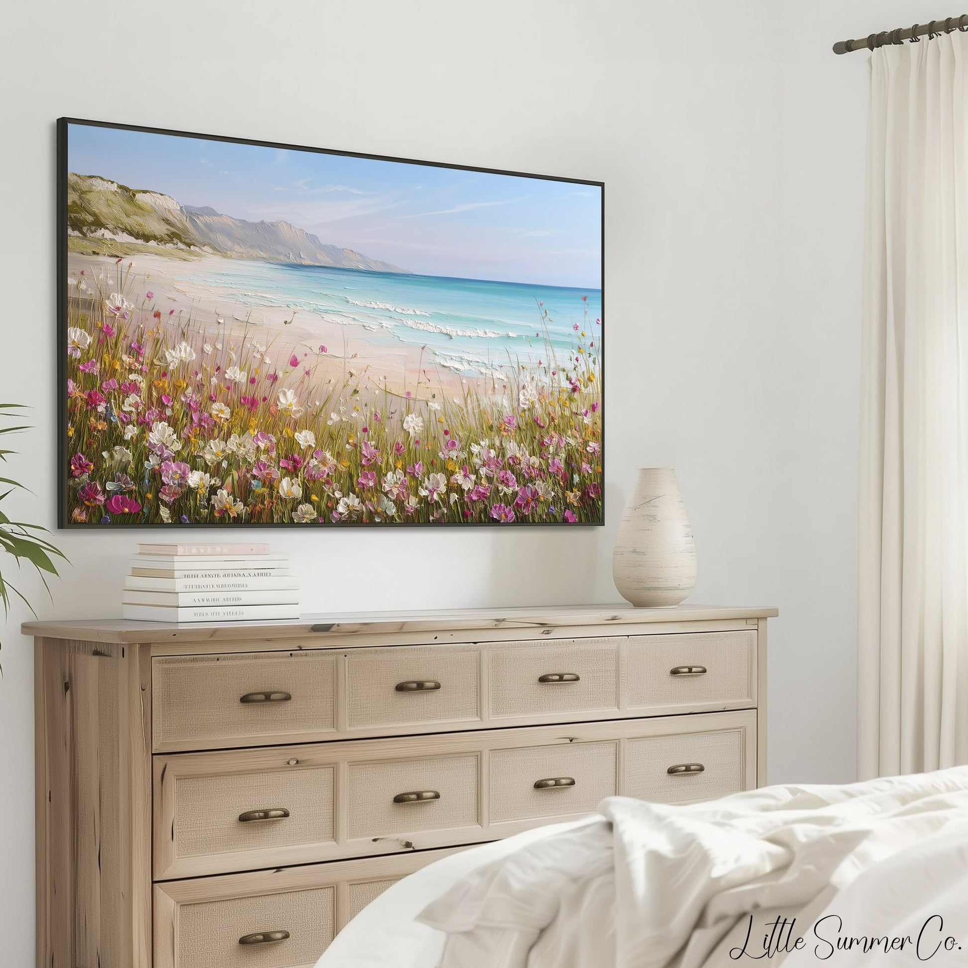 Coastal Wildflower Cliffs Frame TV Art displayed on a TV