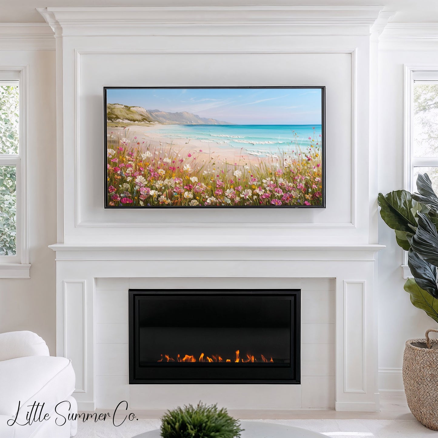 Coastal Wildflower Cliffs Frame TV Art displayed on a TV