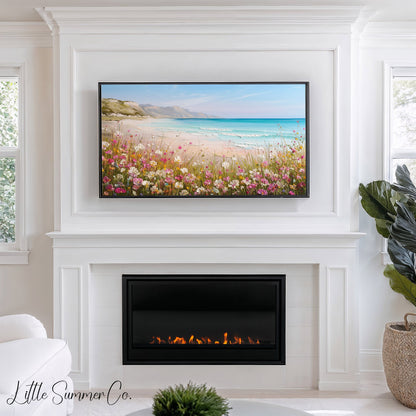 Coastal Wildflower Cliffs Frame TV Art displayed on a TV