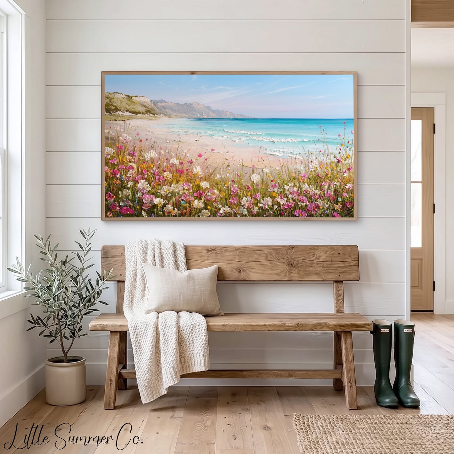Coastal Wildflower Cliffs Frame TV Art displayed on a TV