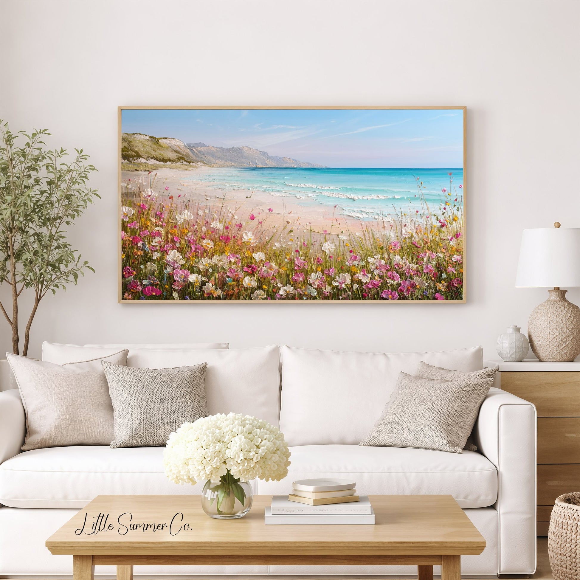 Coastal Wildflower Cliffs Frame TV Art displayed on a TV