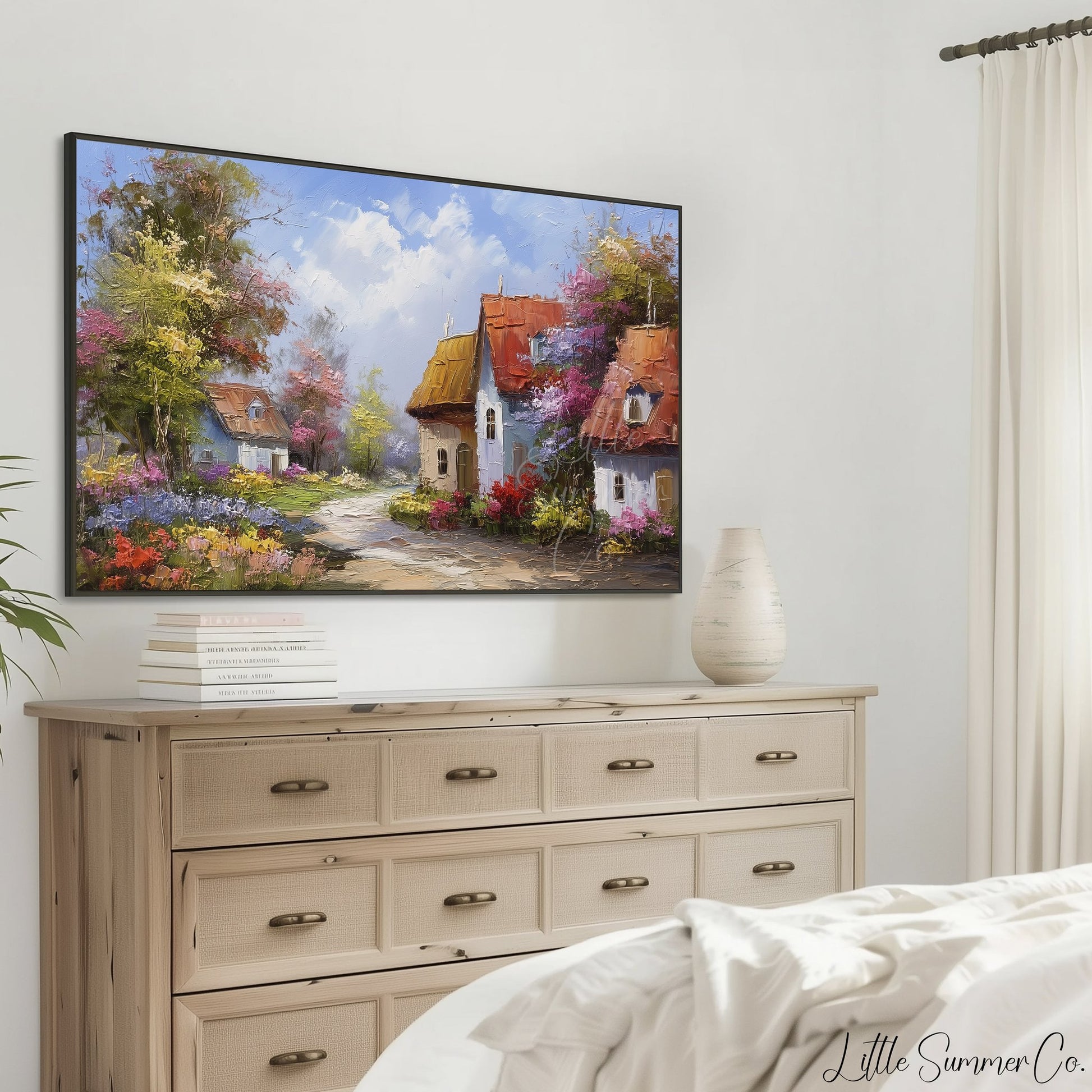 Blooming Village Frame TV Art displayed on a TV