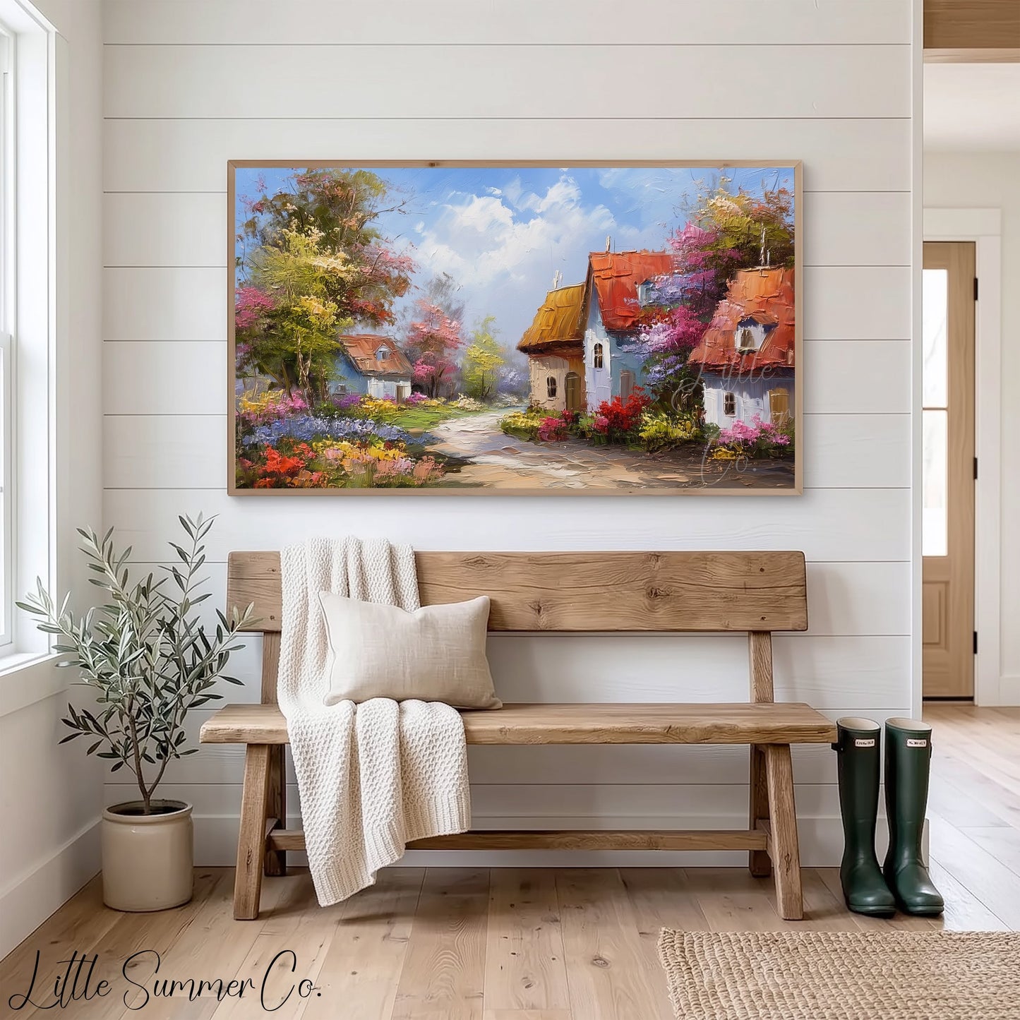 Blooming Village Frame TV Art displayed on a TV