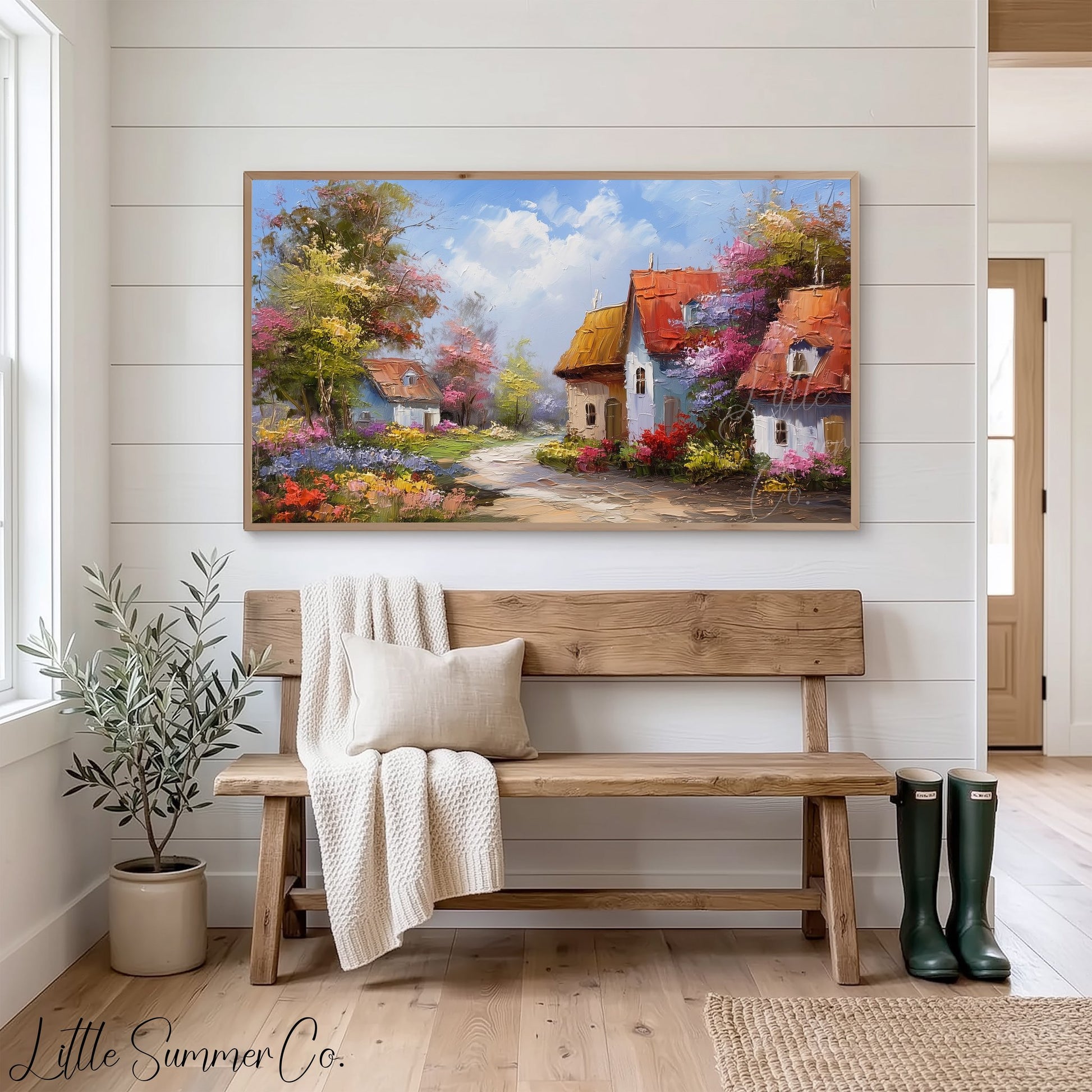 Blooming Village Frame TV Art displayed on a TV