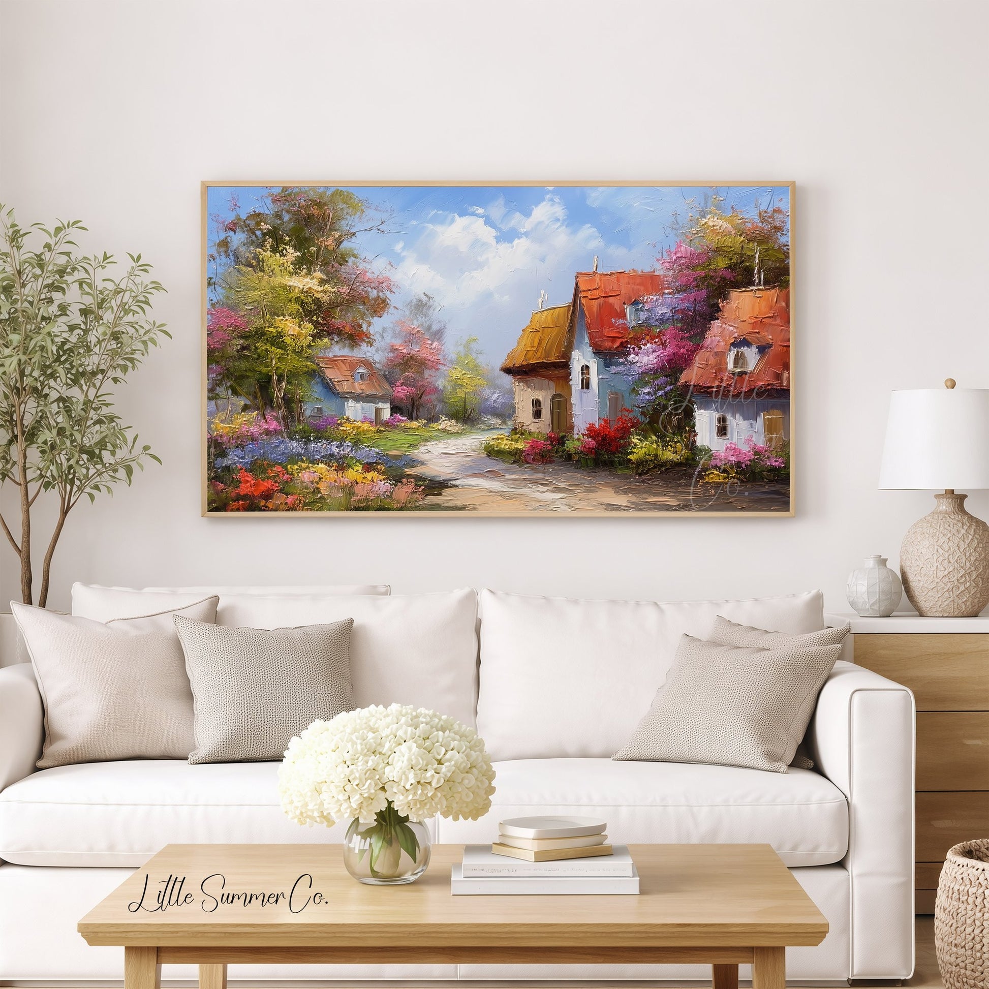 Blooming Village Frame TV Art displayed on a TV