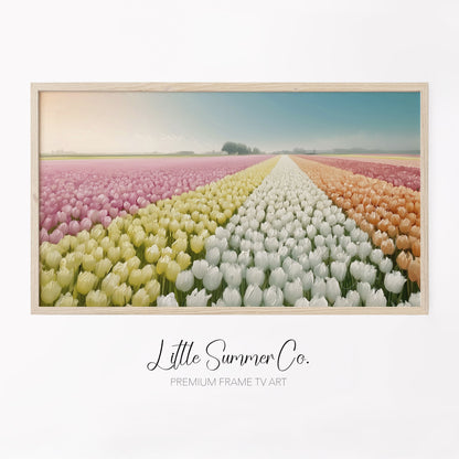Rainbow Tulip Field Frame TV Art displayed on a TV