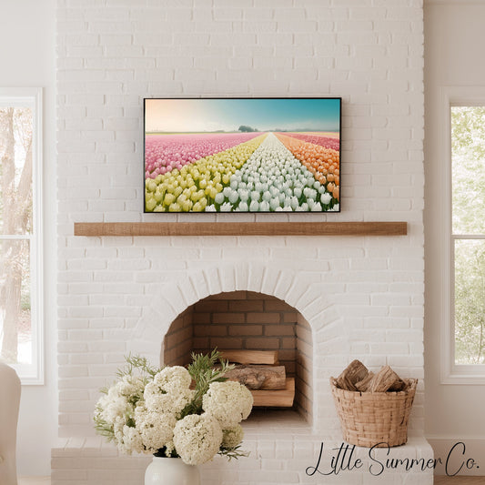 Rainbow Tulip Field Frame TV Art displayed on a TV