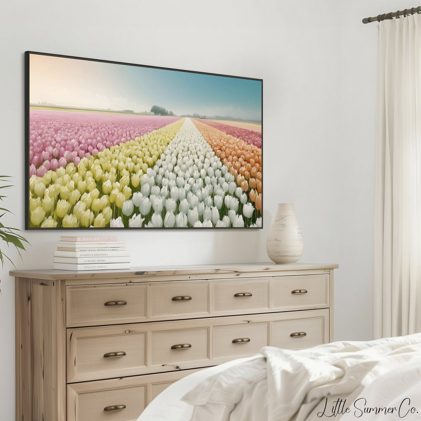 Rainbow Tulip Field Frame TV Art displayed on a TV