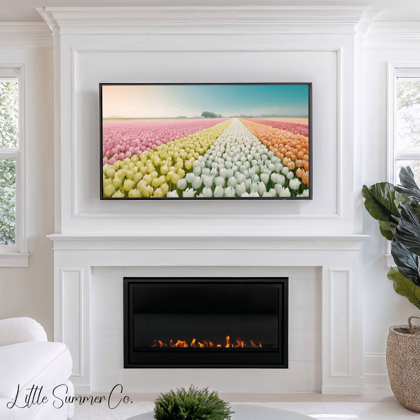 Rainbow Tulip Field Frame TV Art displayed on a TV