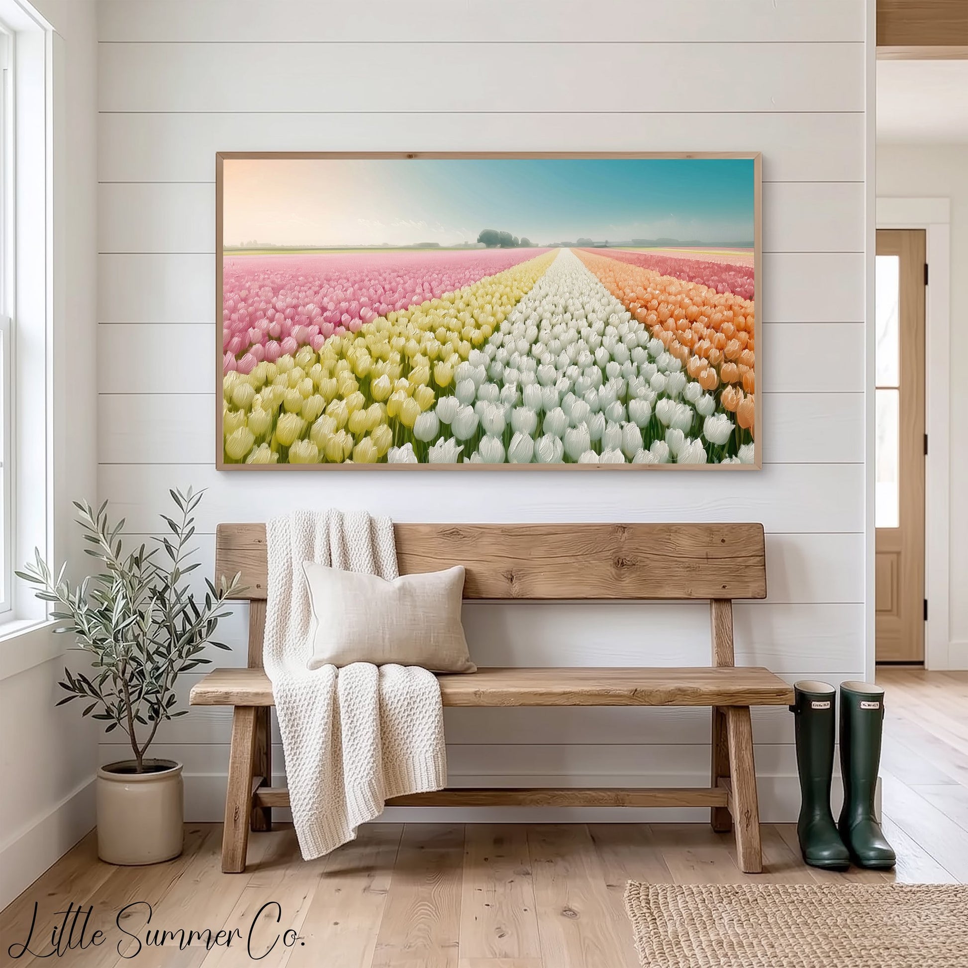 Rainbow Tulip Field Frame TV Art displayed on a TV