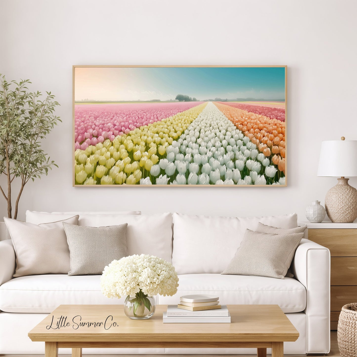 Rainbow Tulip Field Frame TV Art displayed on a TV