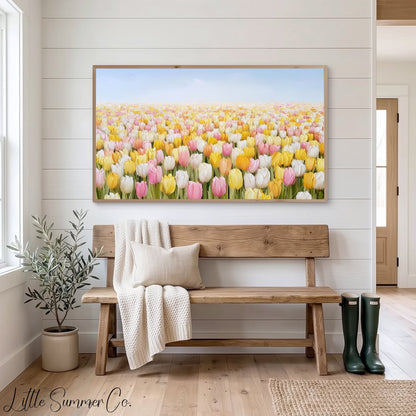 Mixed Tulip Blooms Frame TV Art displayed on a TV