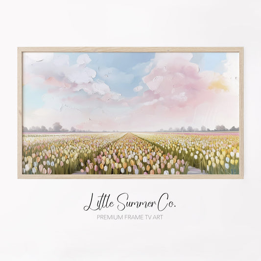 Pastel Tulip Field Frame TV Art displayed on a TV