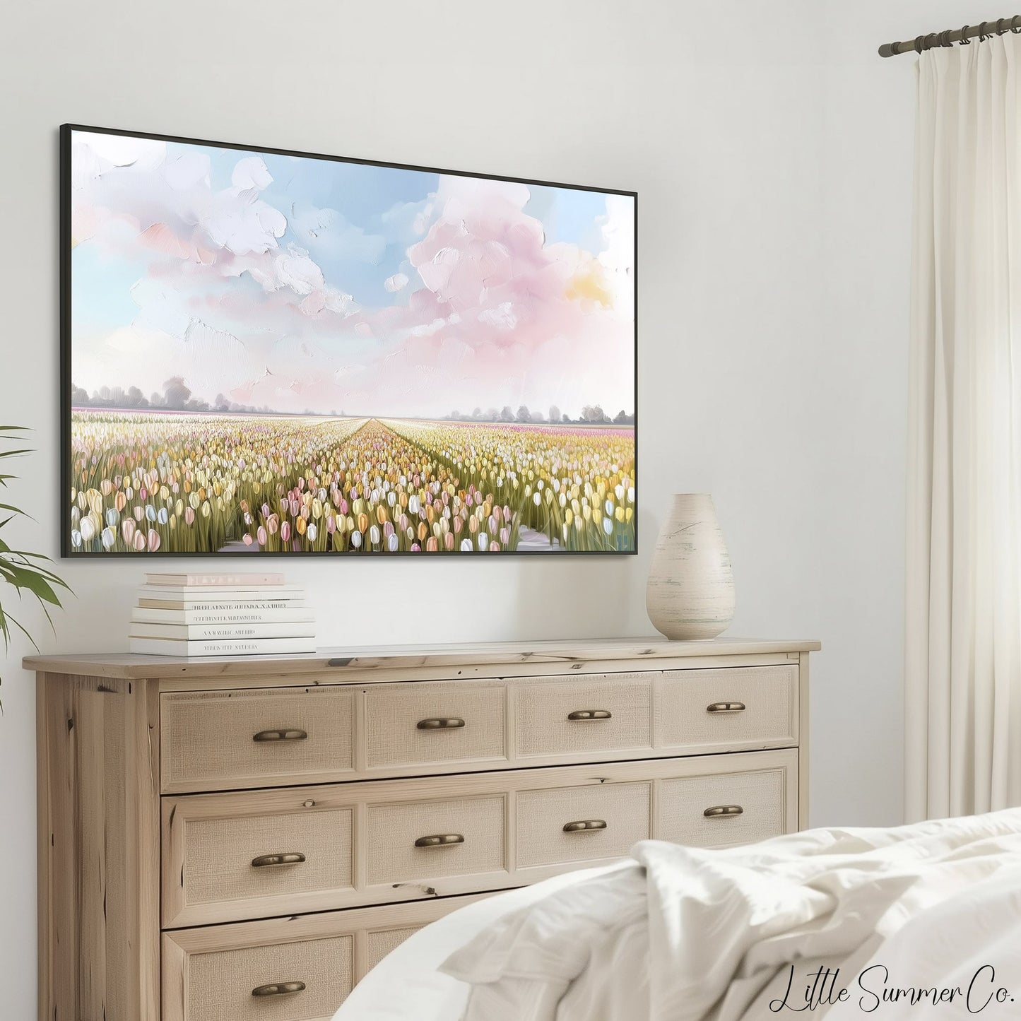 Pastel Tulip Field Frame TV Art displayed on a TV