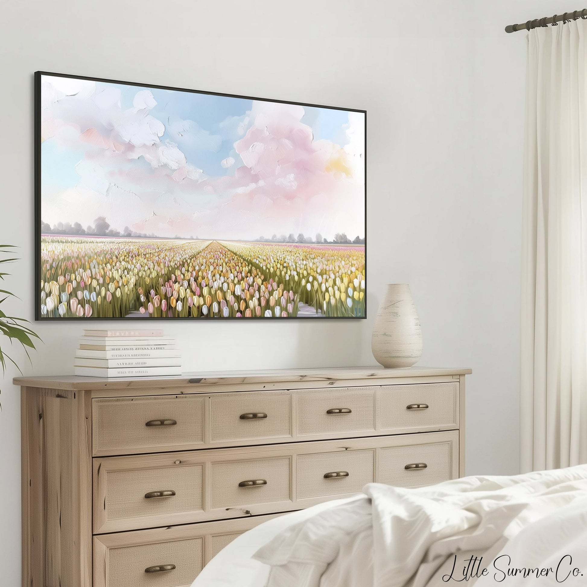 Pastel Tulip Field Frame TV Art displayed on a TV