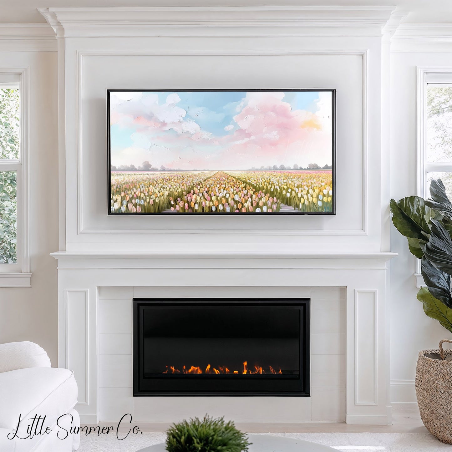 Pastel Tulip Field Frame TV Art displayed on a TV