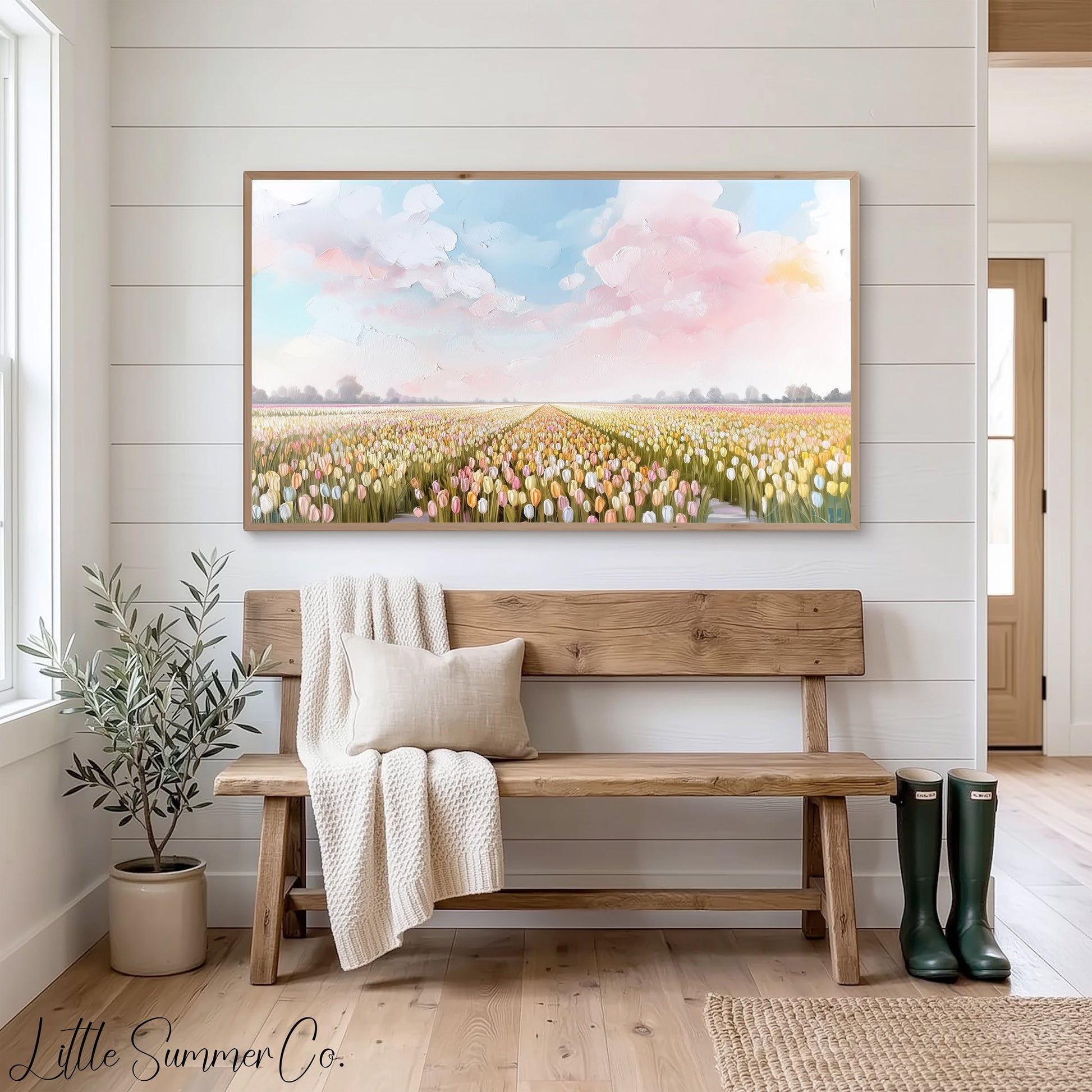 Pastel Tulip Field Frame TV Art displayed on a TV