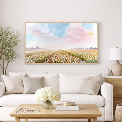 Pastel Tulip Field Frame TV Art displayed on a TV