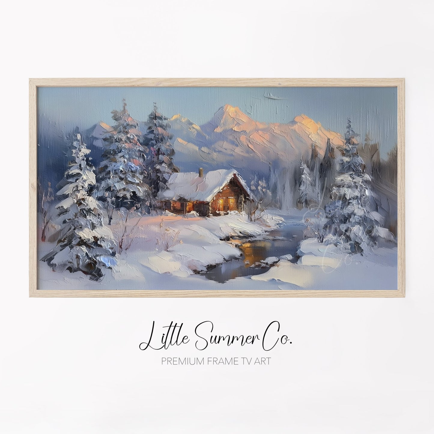 Snowy Cabin Dusk Frame TV Art displayed on a TV