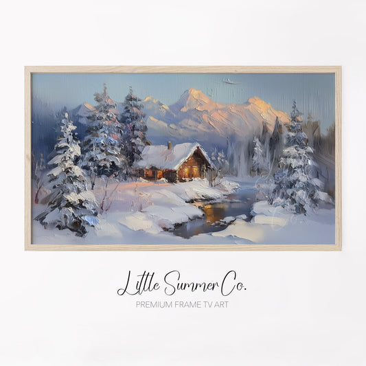 Snowy Cabin Dusk Frame TV Art displayed on a TV