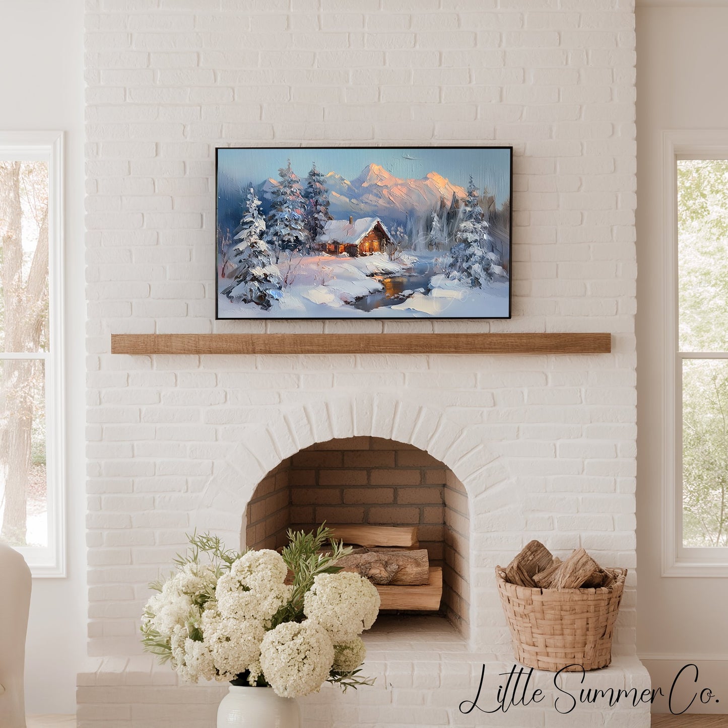 Snowy Cabin Dusk Frame TV Art displayed on a TV