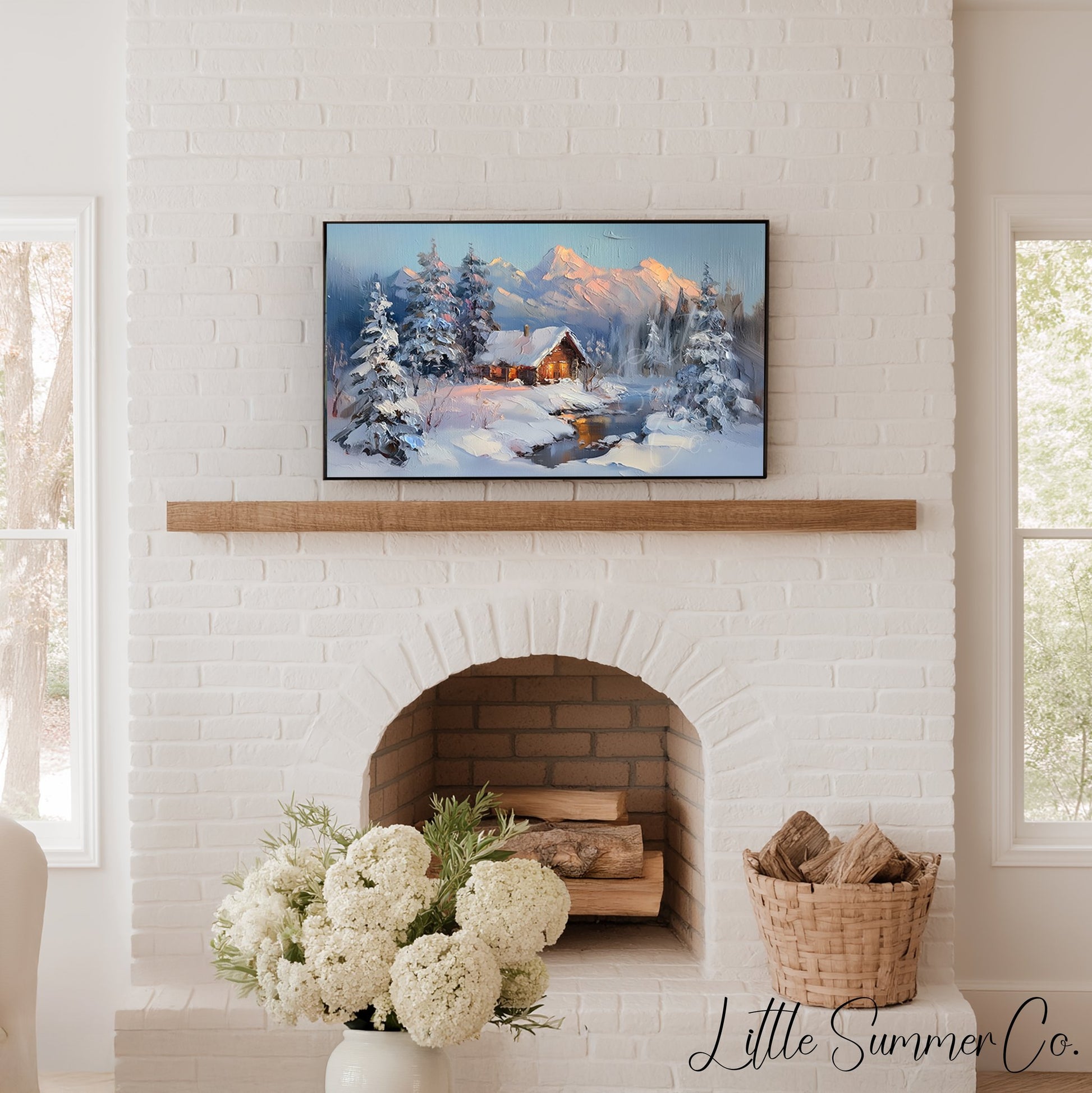 Snowy Cabin Dusk Frame TV Art displayed on a TV