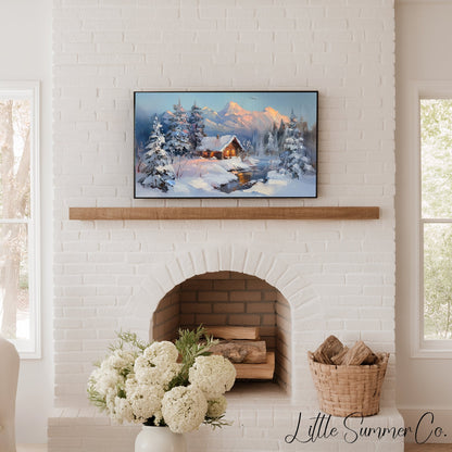 Snowy Cabin Dusk Frame TV Art displayed on a TV