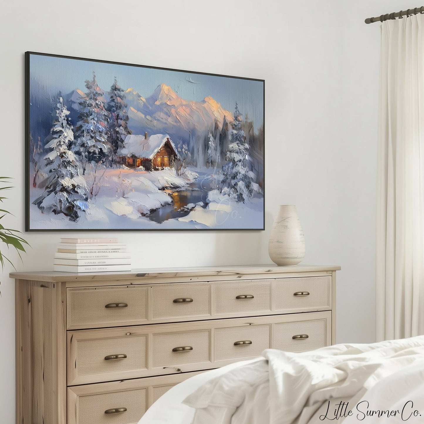 Snowy Cabin Dusk Frame TV Art displayed on a TV
