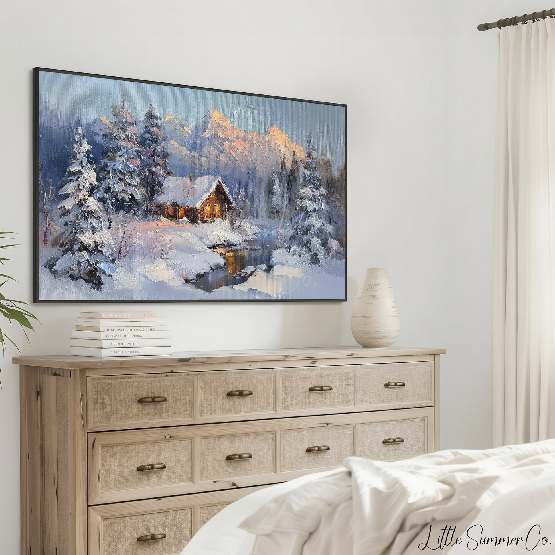 Snowy Cabin Dusk Frame TV Art displayed on a TV