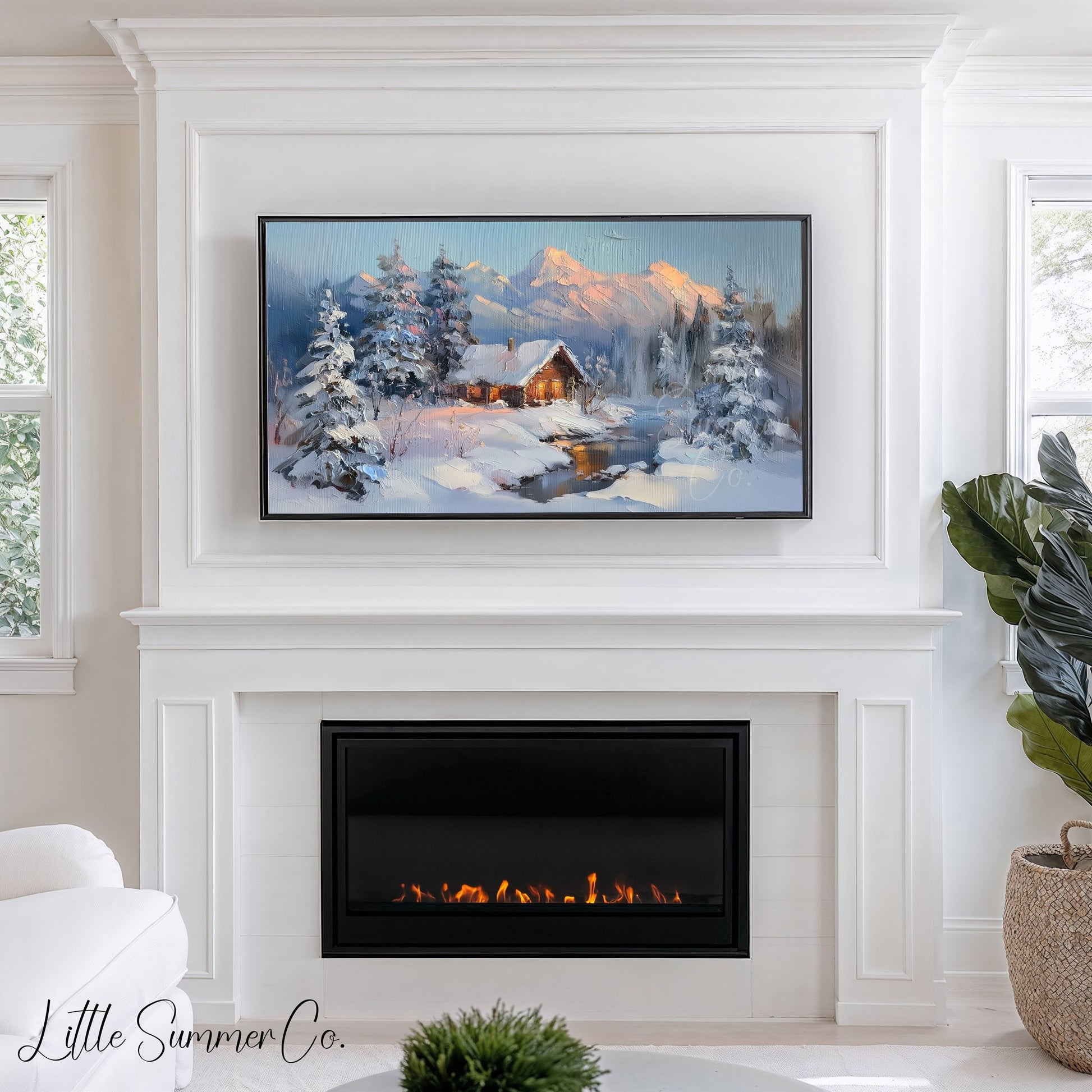 Snowy Cabin Dusk Frame TV Art displayed on a TV