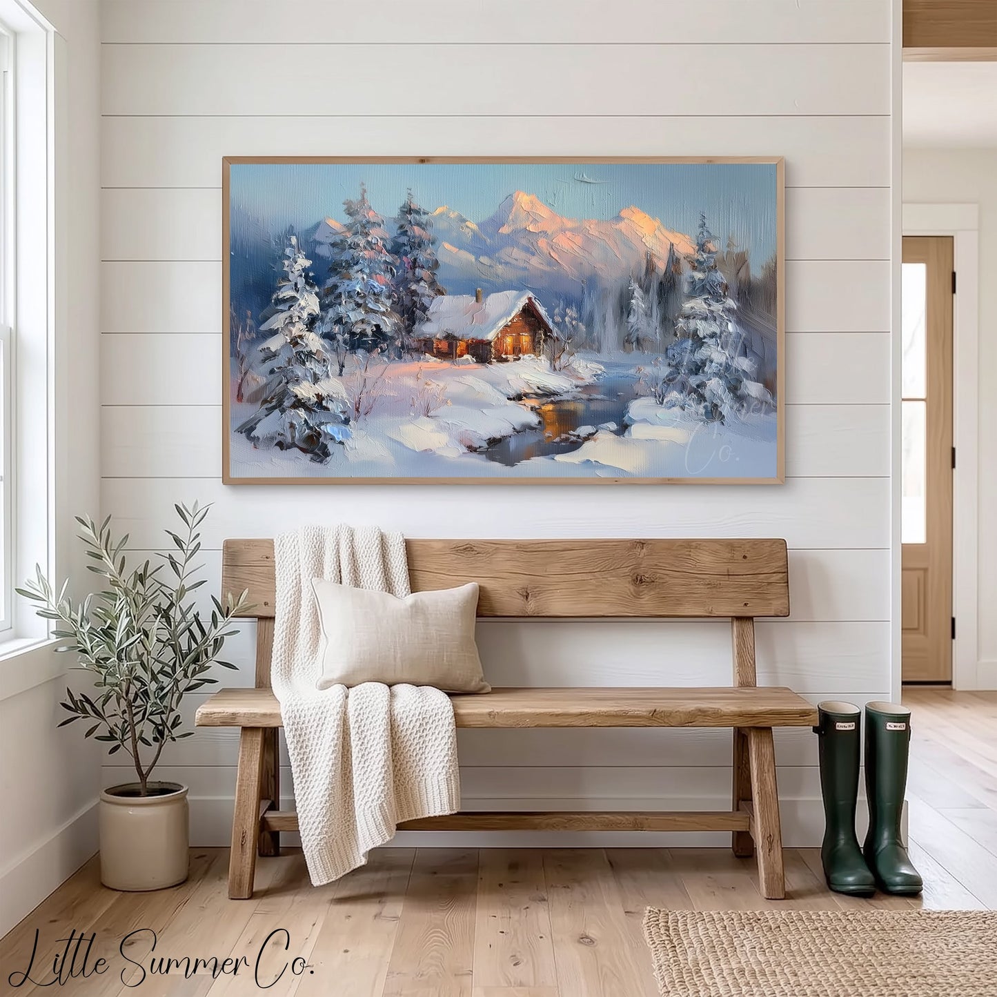 Snowy Cabin Dusk Frame TV Art displayed on a TV