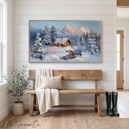 Snowy Cabin Dusk Frame TV Art displayed on a TV