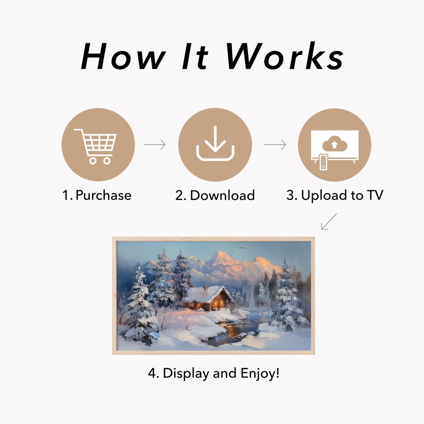 Snowy Cabin Dusk Frame TV Art displayed on a TV