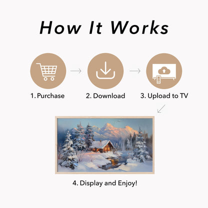 Snowy Cabin Dusk Frame TV Art displayed on a TV