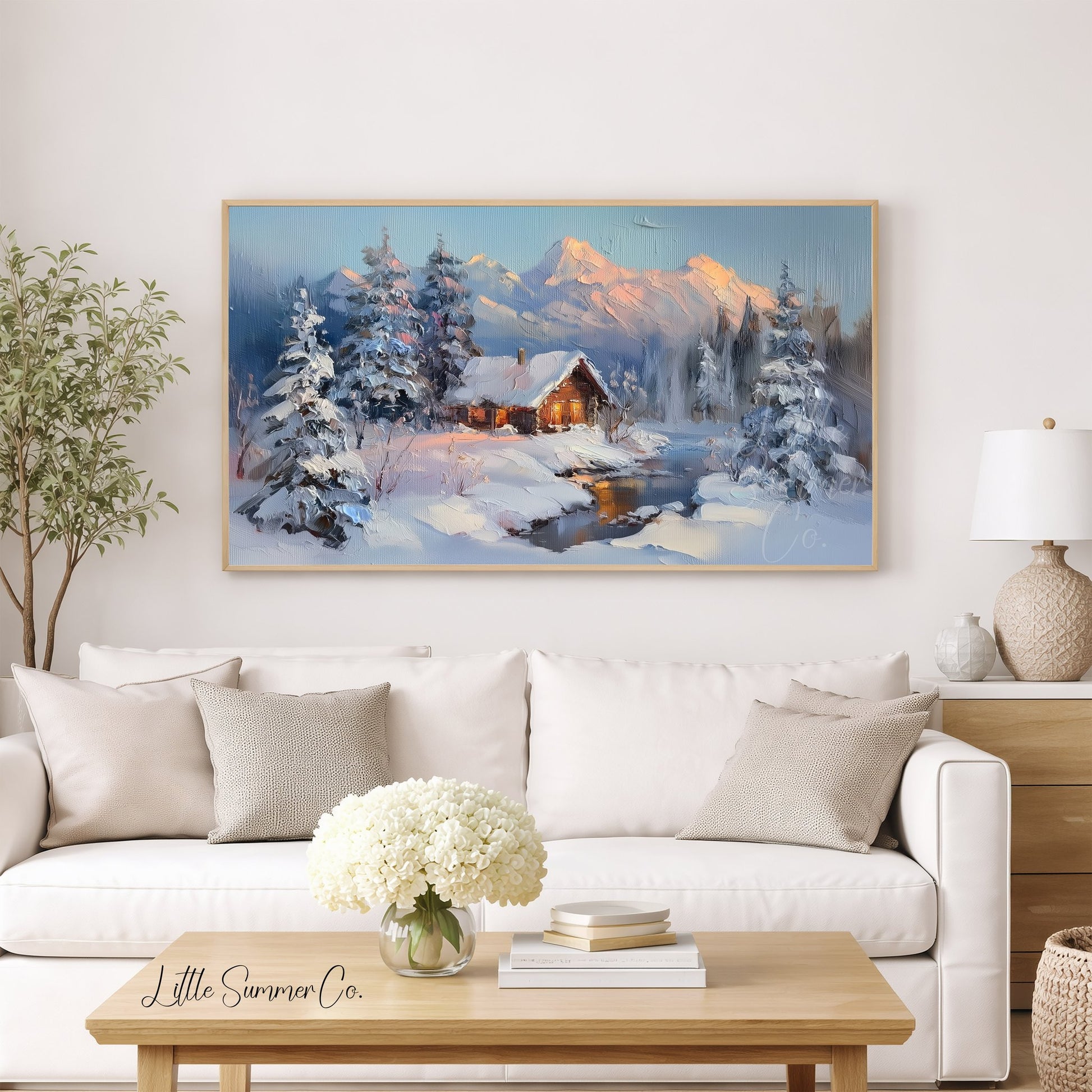 Snowy Cabin Dusk Frame TV Art displayed on a TV