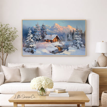 Snowy Cabin Dusk Frame TV Art displayed on a TV