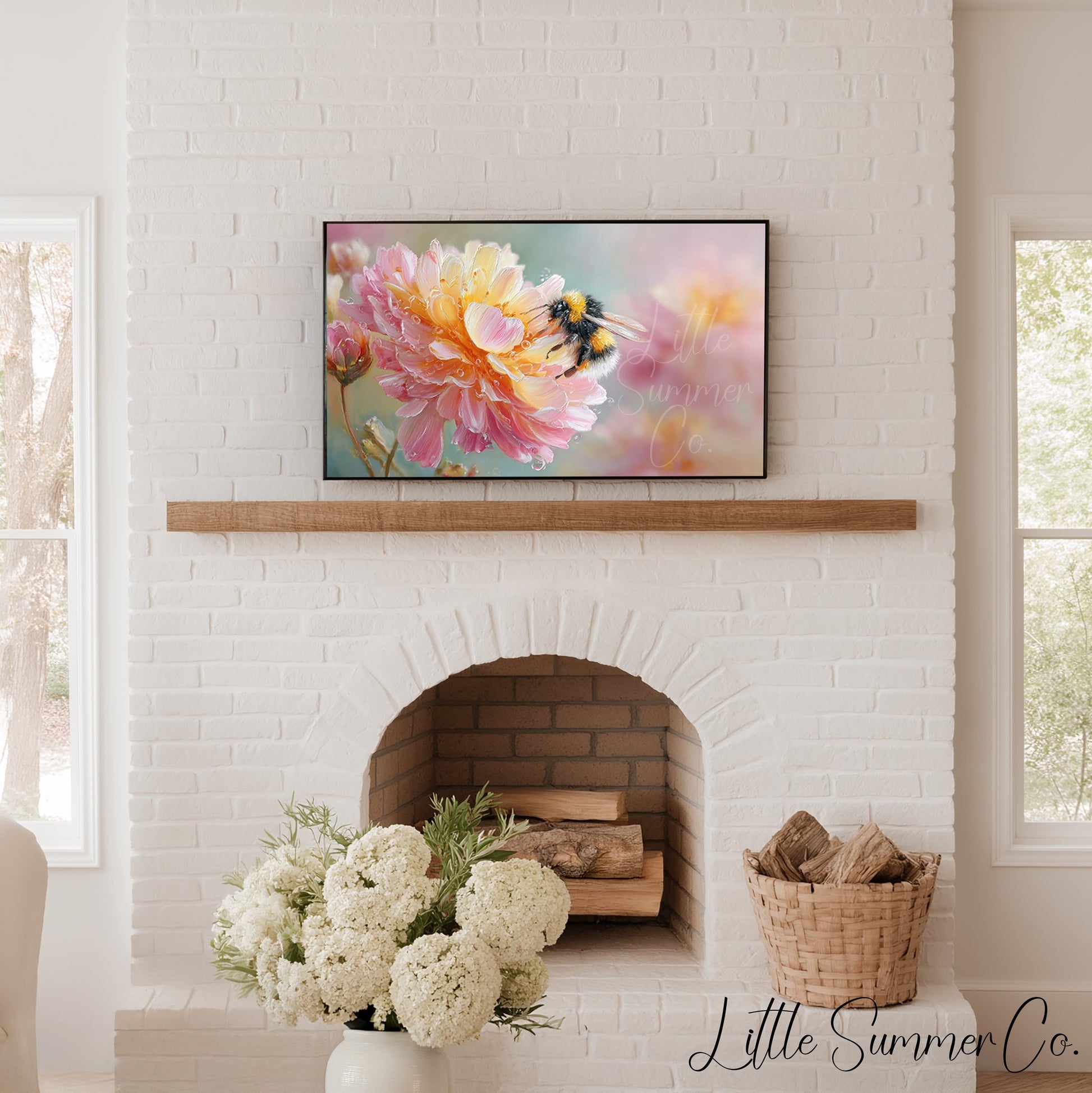 Bee on Pink Flower Frame TV Art displayed on a TV