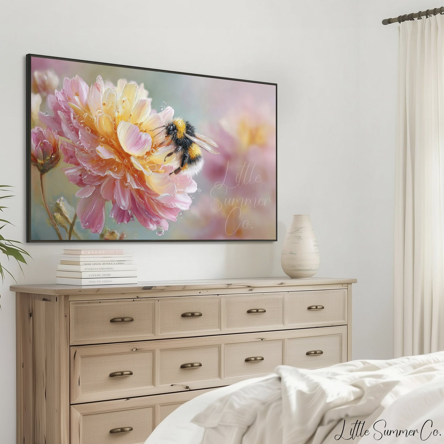 Bee on Pink Flower Frame TV Art displayed on a TV