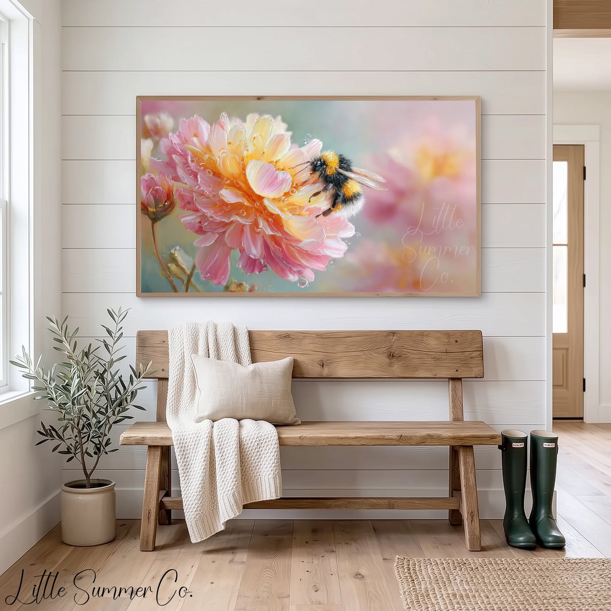 Bee on Pink Flower Frame TV Art displayed on a TV
