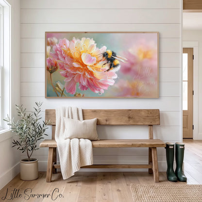 Bee on Pink Flower Frame TV Art displayed on a TV