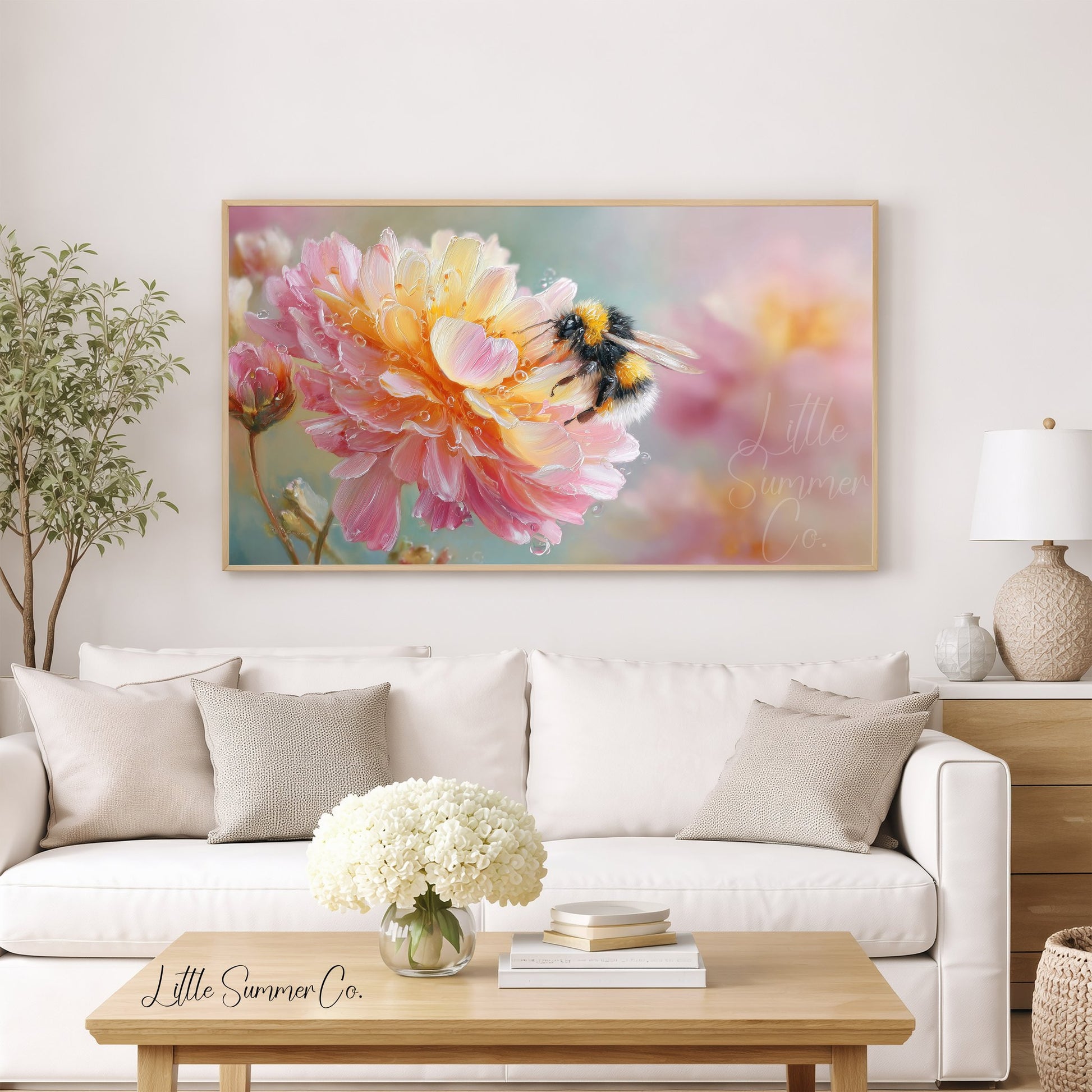 Bee on Pink Flower Frame TV Art displayed on a TV