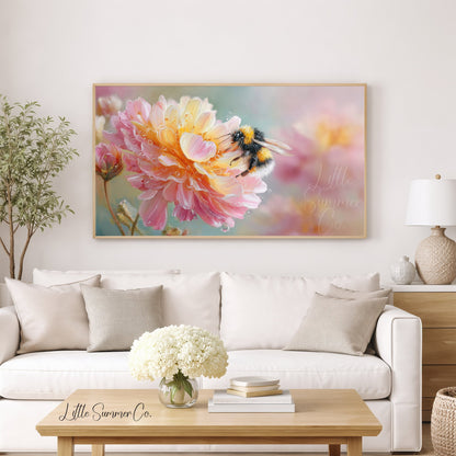 Bee on Pink Flower Frame TV Art displayed on a TV