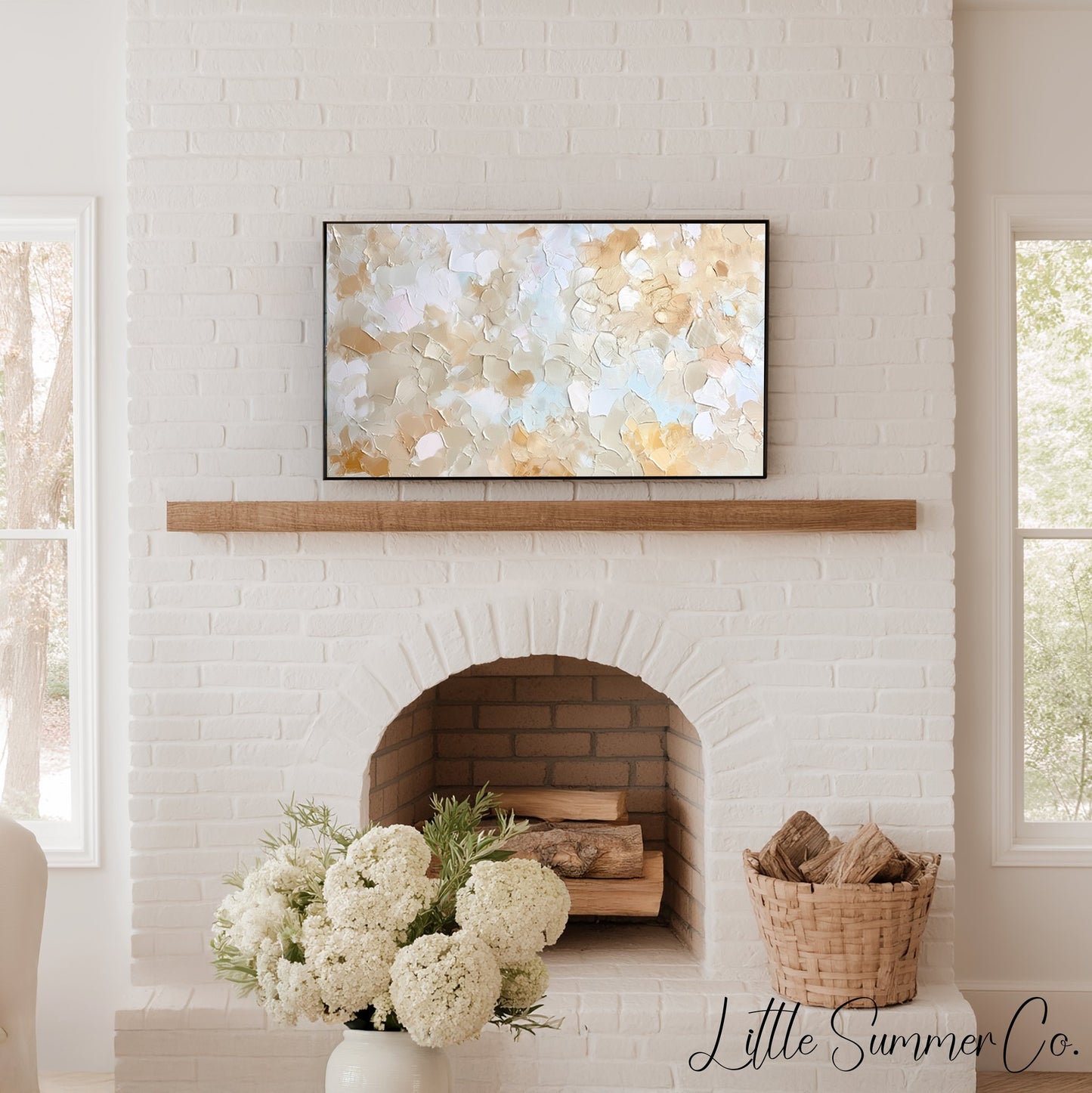 Warm Tan Cream Brushstroke Frame TV Art displayed on a TV