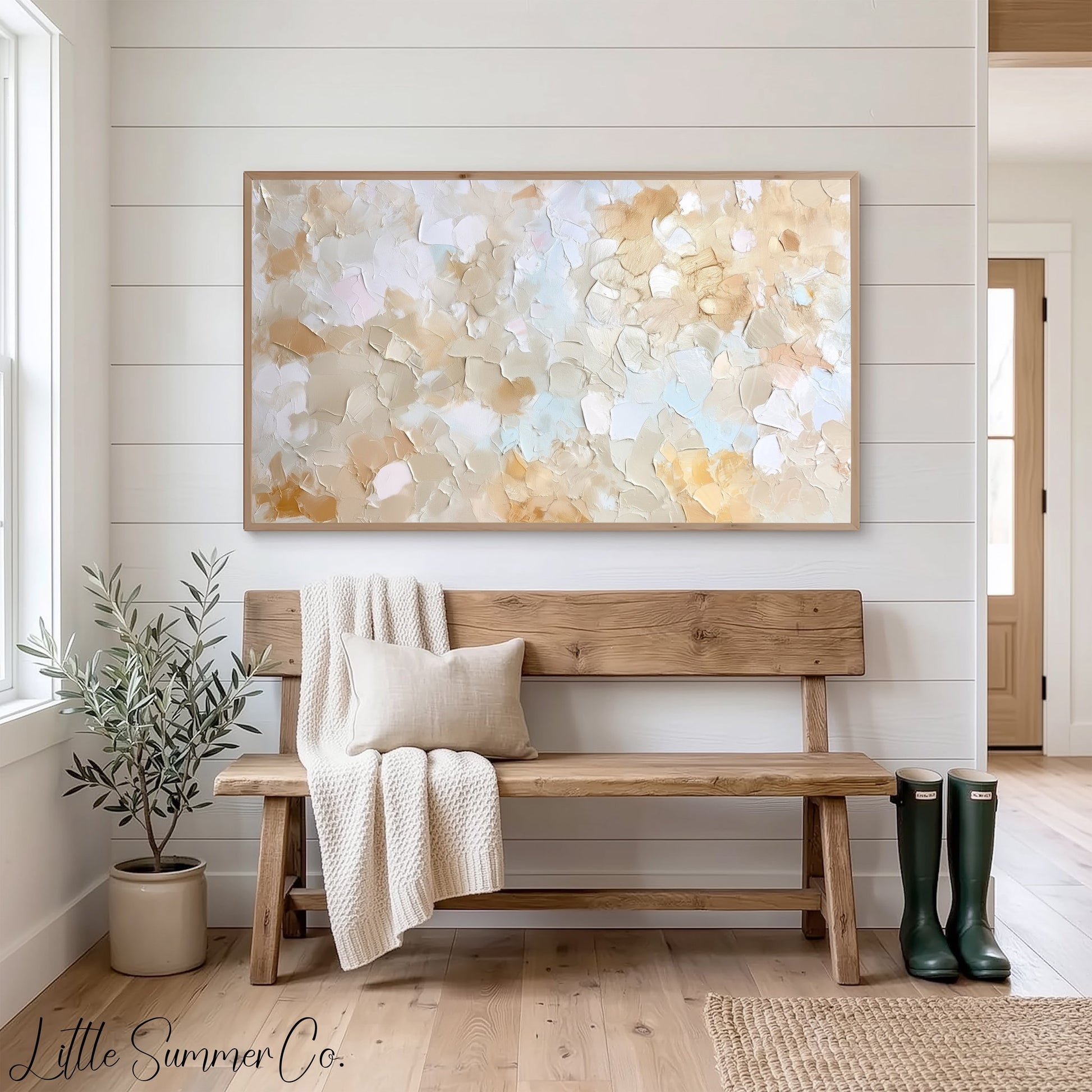 Warm Tan Cream Brushstroke Frame TV Art displayed on a TV