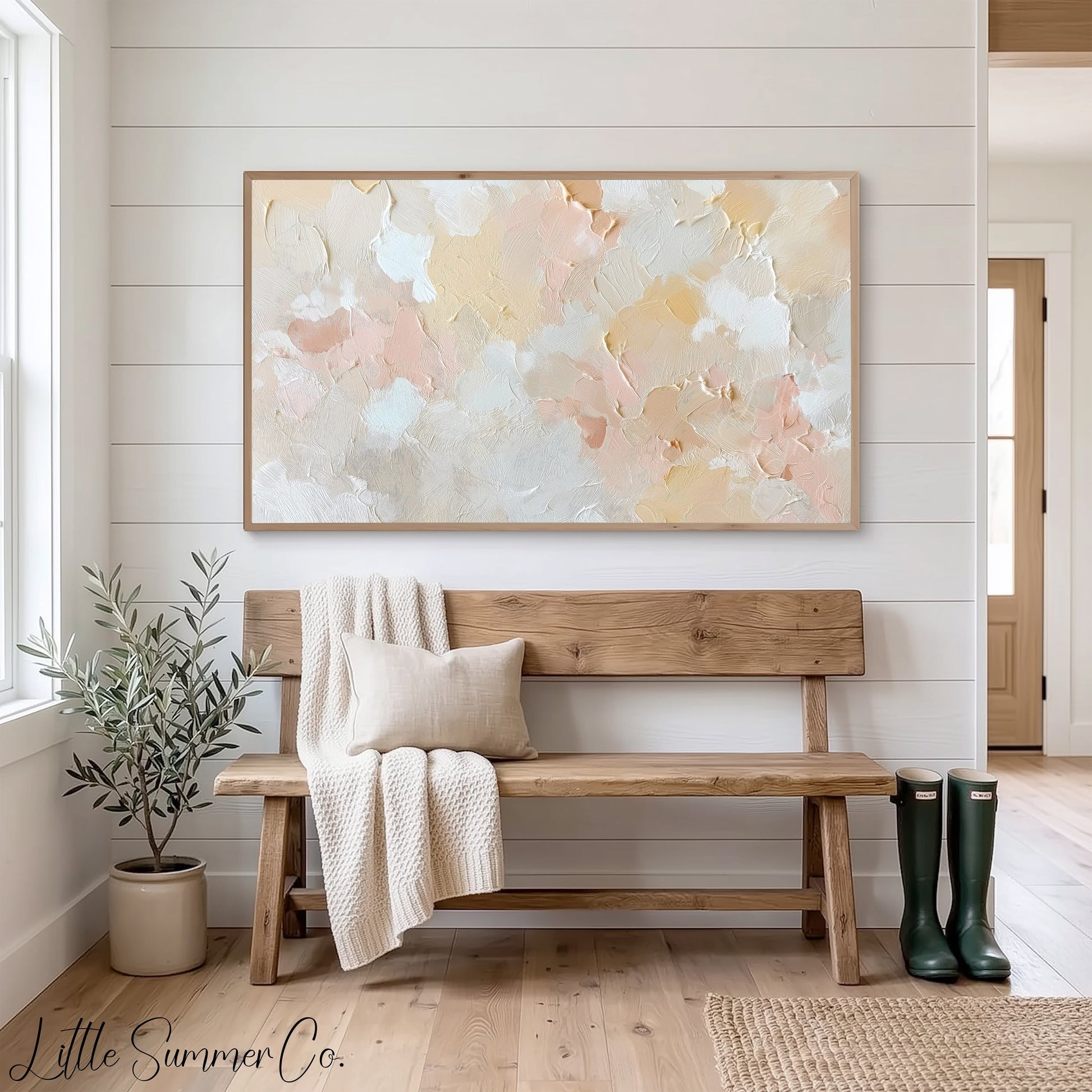 Soft Blush Cream Brushstroke Frame TV Art displayed on a TV