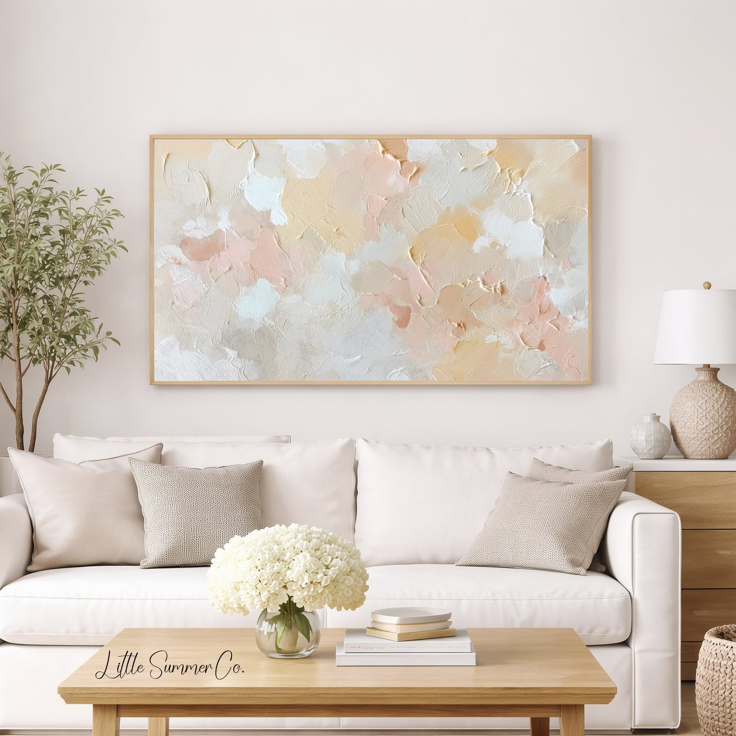 Soft Blush Cream Brushstroke Frame TV Art displayed on a TV